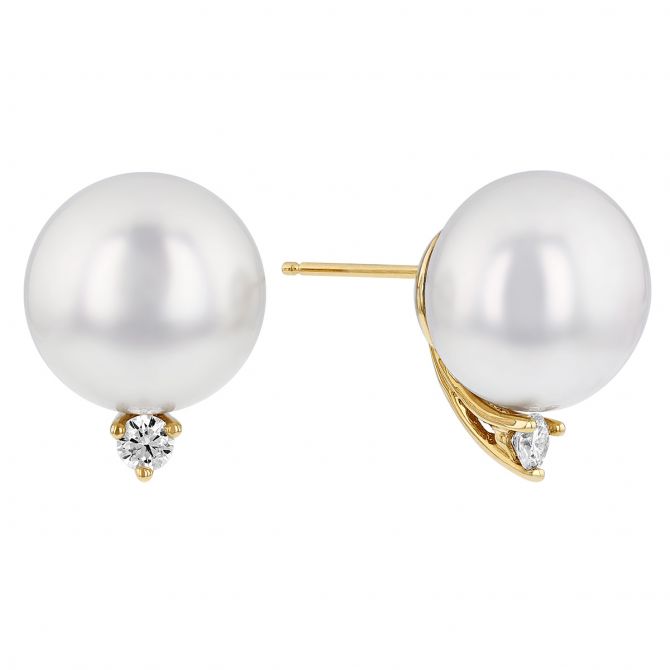 TARA Pearls White South Sea Cultured Pearl & Diamond Stud Earrings in Yellow Gold