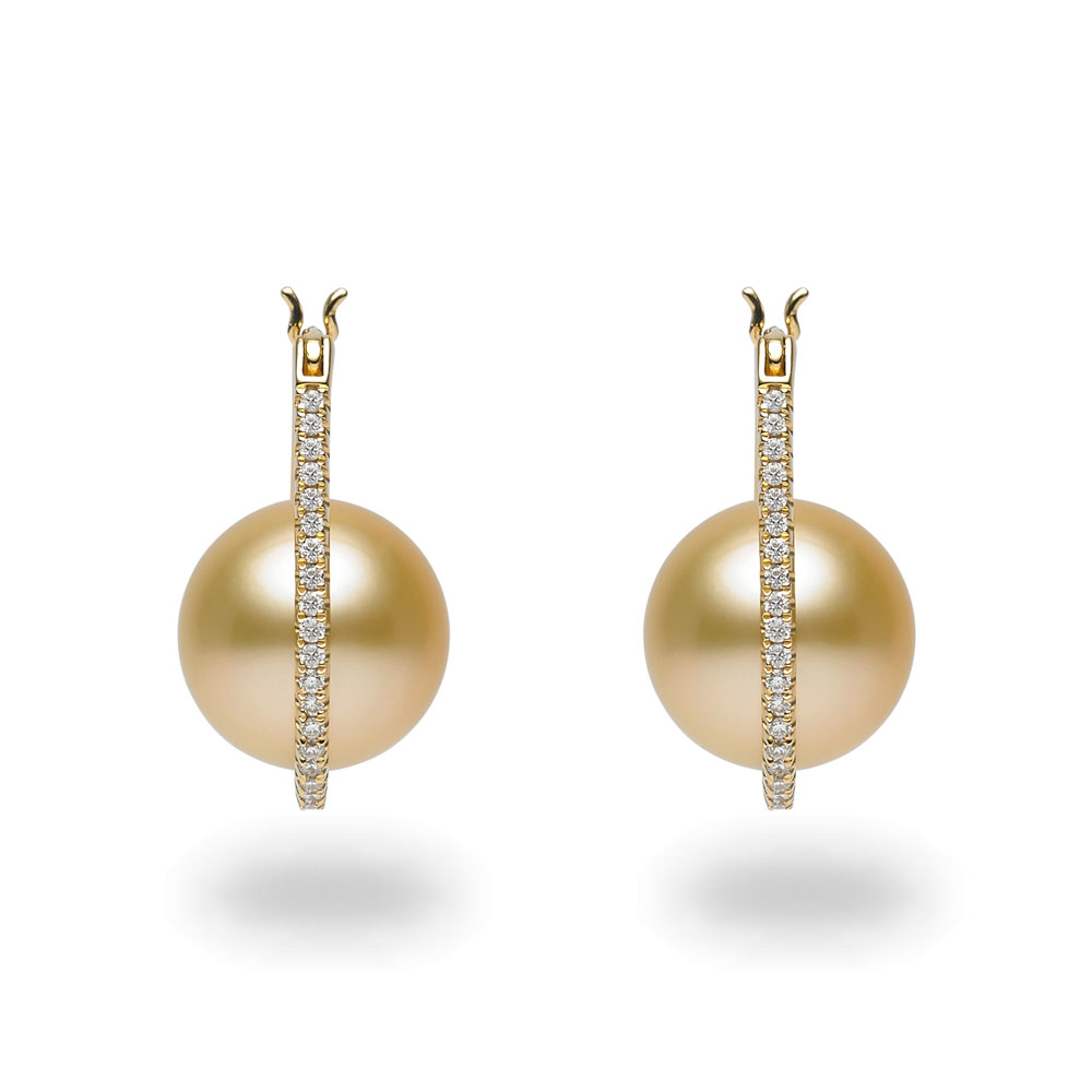 TARA Pearls Golden South Sea Cultured Pearl & Diamond Huggie Hoop Earrings in Yellow Gold
