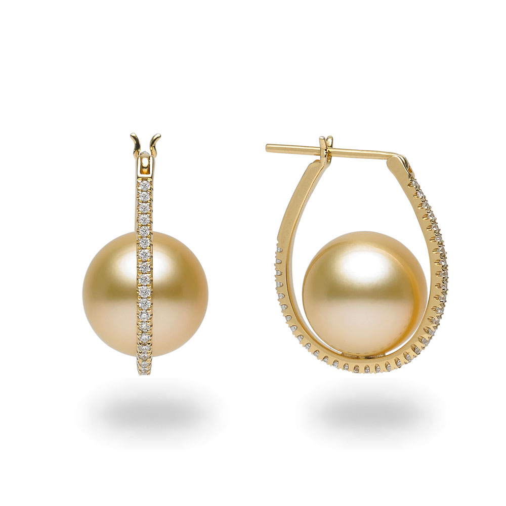 TARA Pearls Golden South Sea Cultured Pearl & Diamond Huggie Hoop Earrings in Yellow Gold