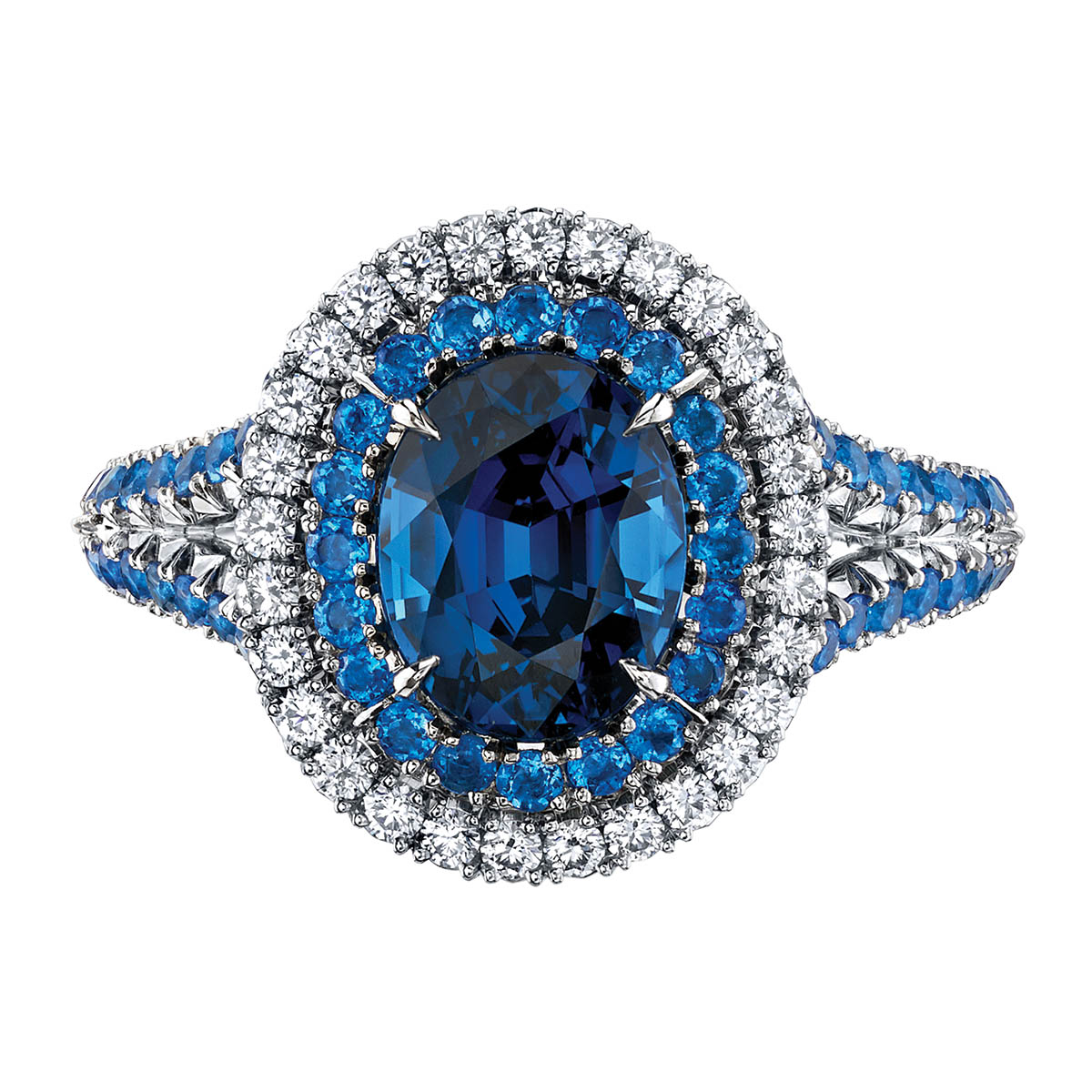 Omi Prive Cobalt Spinel, Hauyne & Diamond Halo Ring in Platinum