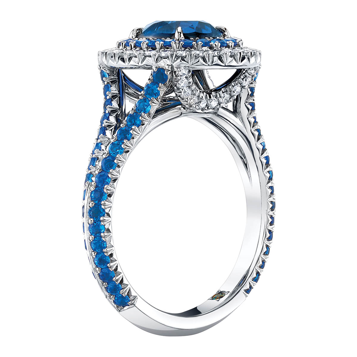 Omi Prive Cobalt Spinel, Hauyne & Diamond Halo Ring in Platinum