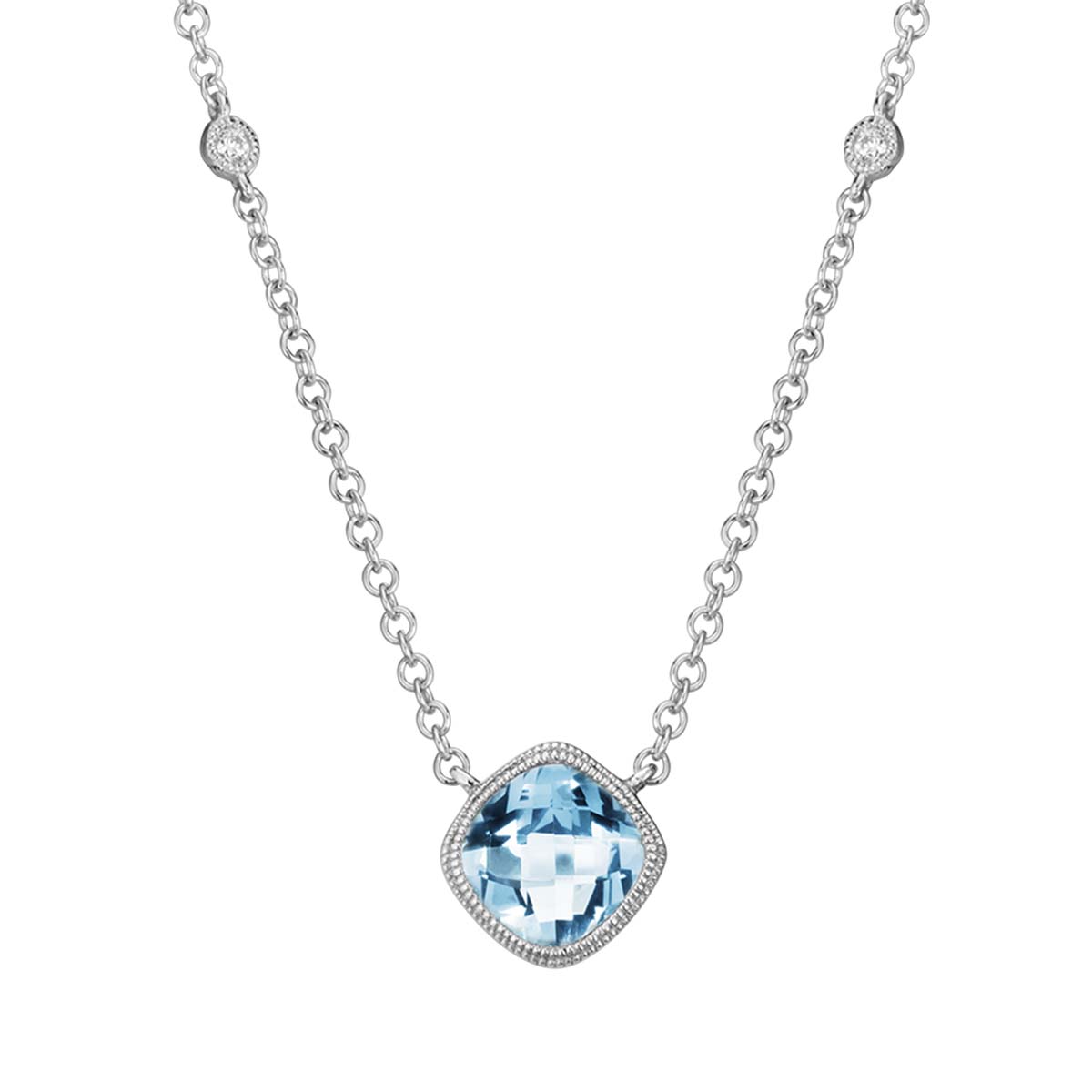 Cushion Aquamarine Necklace with Milgrain & Diamond Accents in White Gold, 18