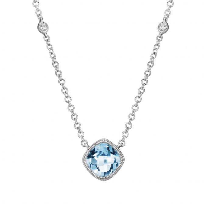Cushion Aquamarine Necklace with Milgrain & Diamond Accents in White Gold, 18"