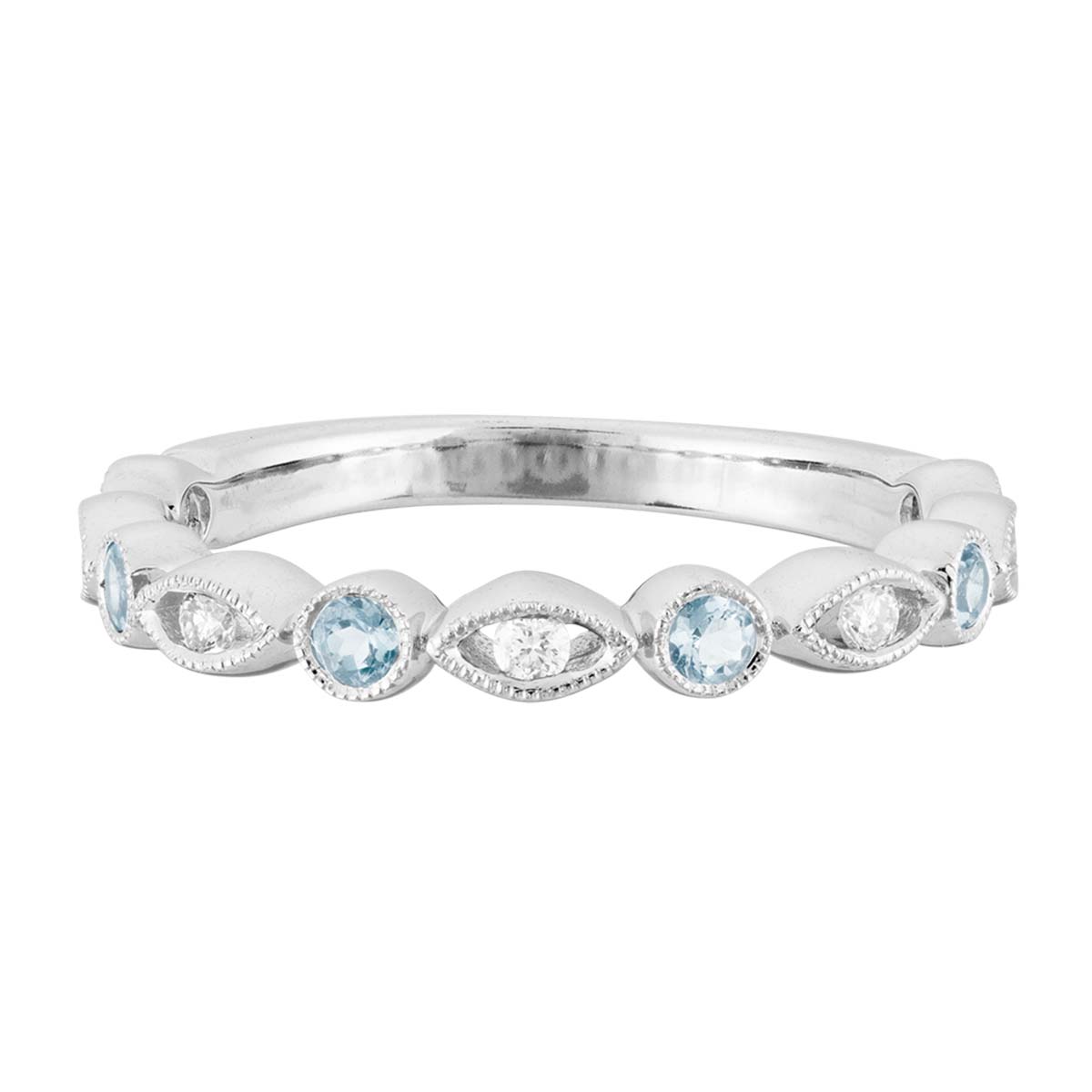 Aquamarine & Diamond Round and Navette Alternating Ring in White Gold