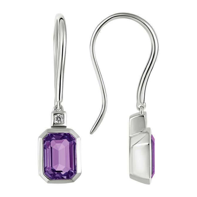 Emerald Cut Amethyst & Diamond Bezel Set Drop Earrings in White Gold