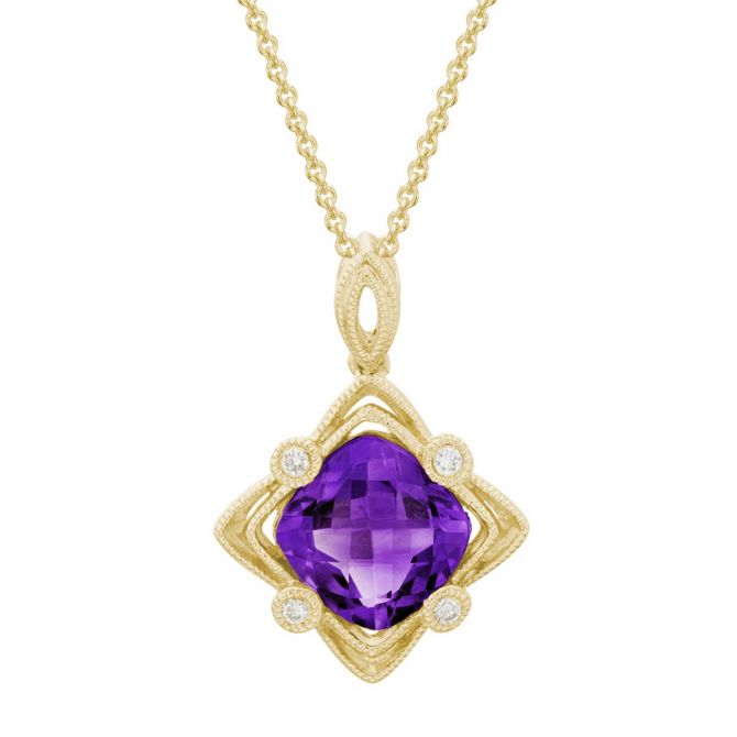 Amethyst & Diamond 4 Point Star Pendant with Milgrain in Yellow Gold, 18"