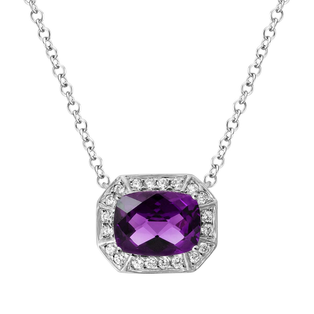 Cushion Amethyst Octagon Necklace with Diamond Halo in White Gold, 18