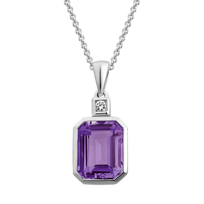 Emerald Cut Amethyst Pendant with Diamond Accent in White Gold, 18"