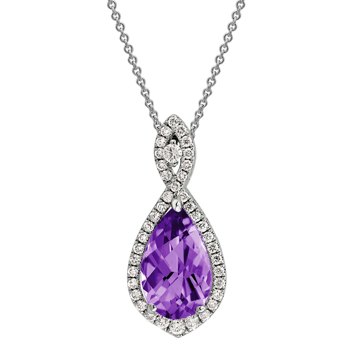 Pear Shaped Amethyst & Diamond Halo Loop Pendant in White Gold, 18