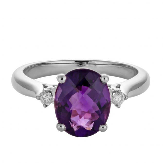 Oval Amethyst & Diamond 3 Stone Ring in White Gold