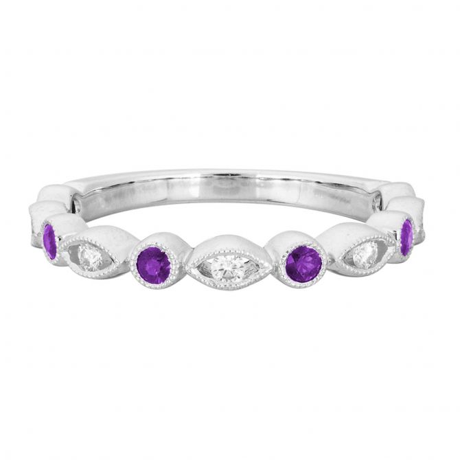 Amethyst & Diamond Round and Navette Alternating Ring in White Gold