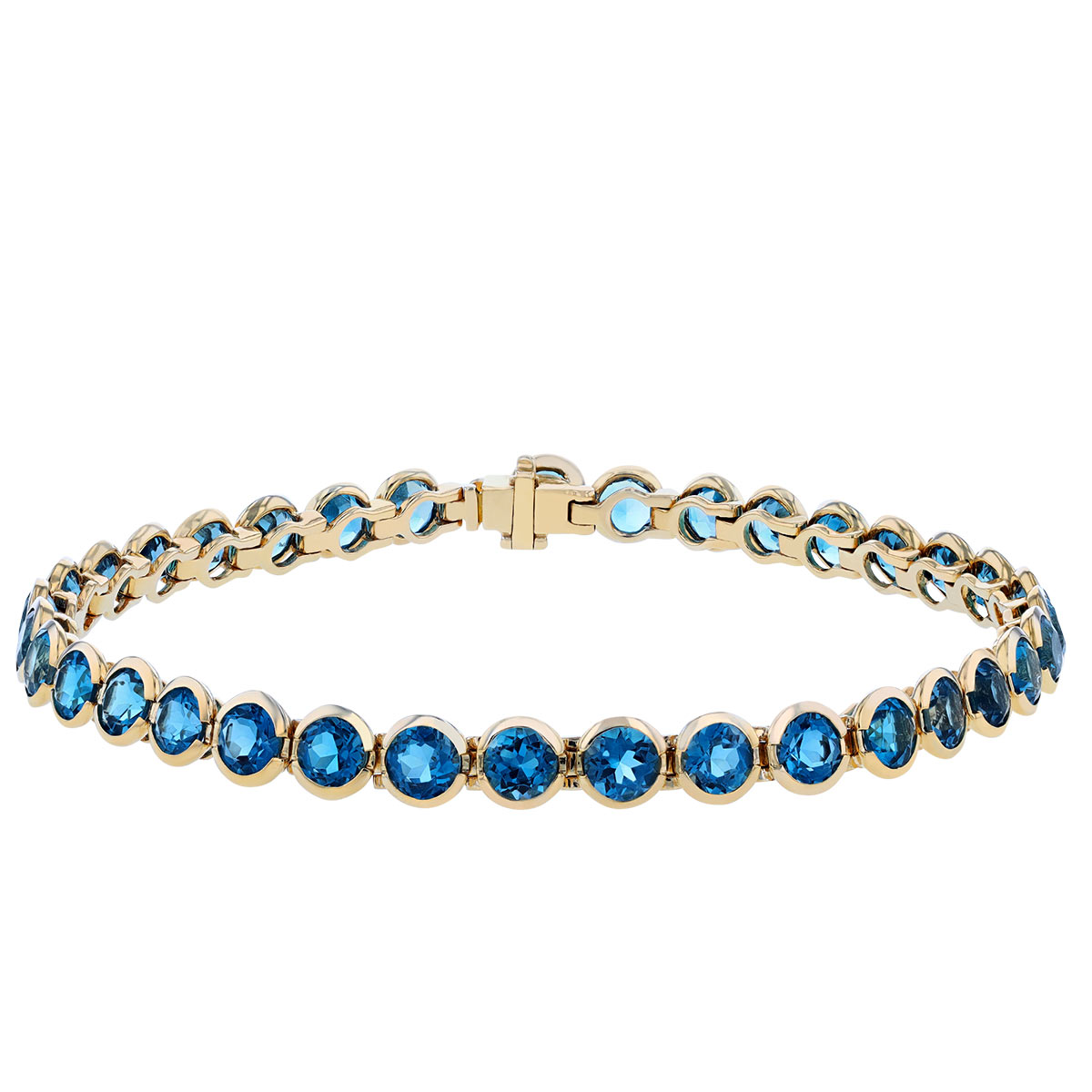 London Blue Topaz Bezel Set Tennis Bracelet in Yellow Gold 7