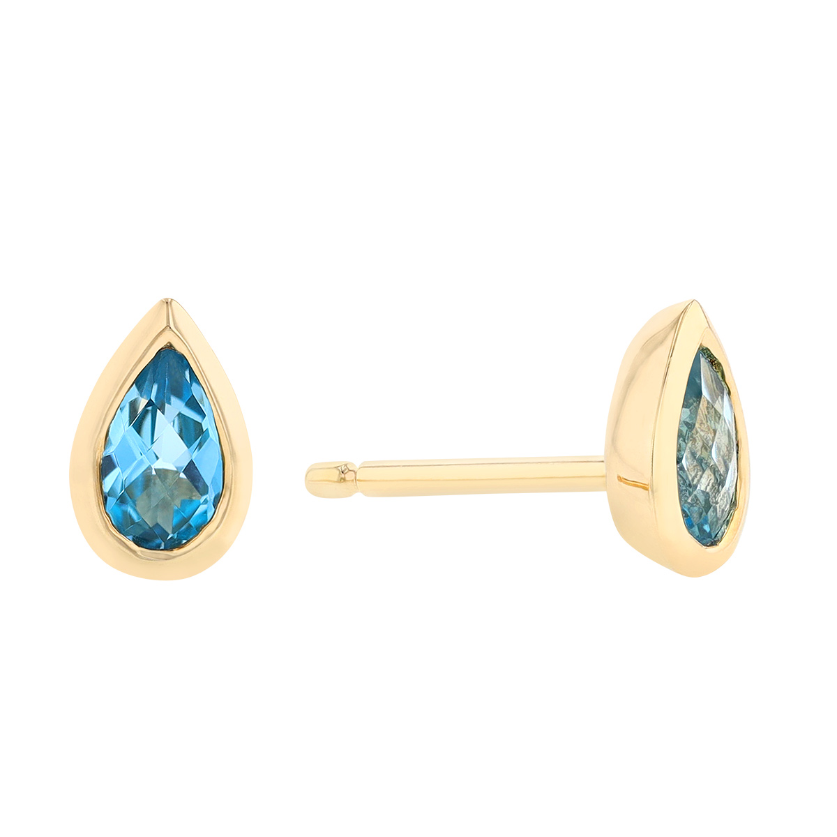 Blue Topaz Pear Shaped Bezel Set Stud Earrings in Yellow Gold