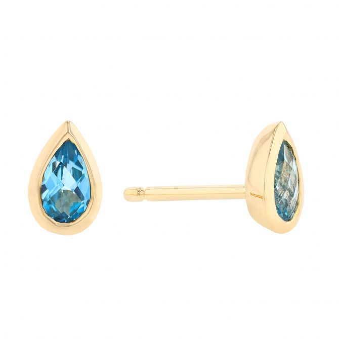 Blue Topaz Pear Shaped Bezel Set Stud Earrings in Yellow Gold