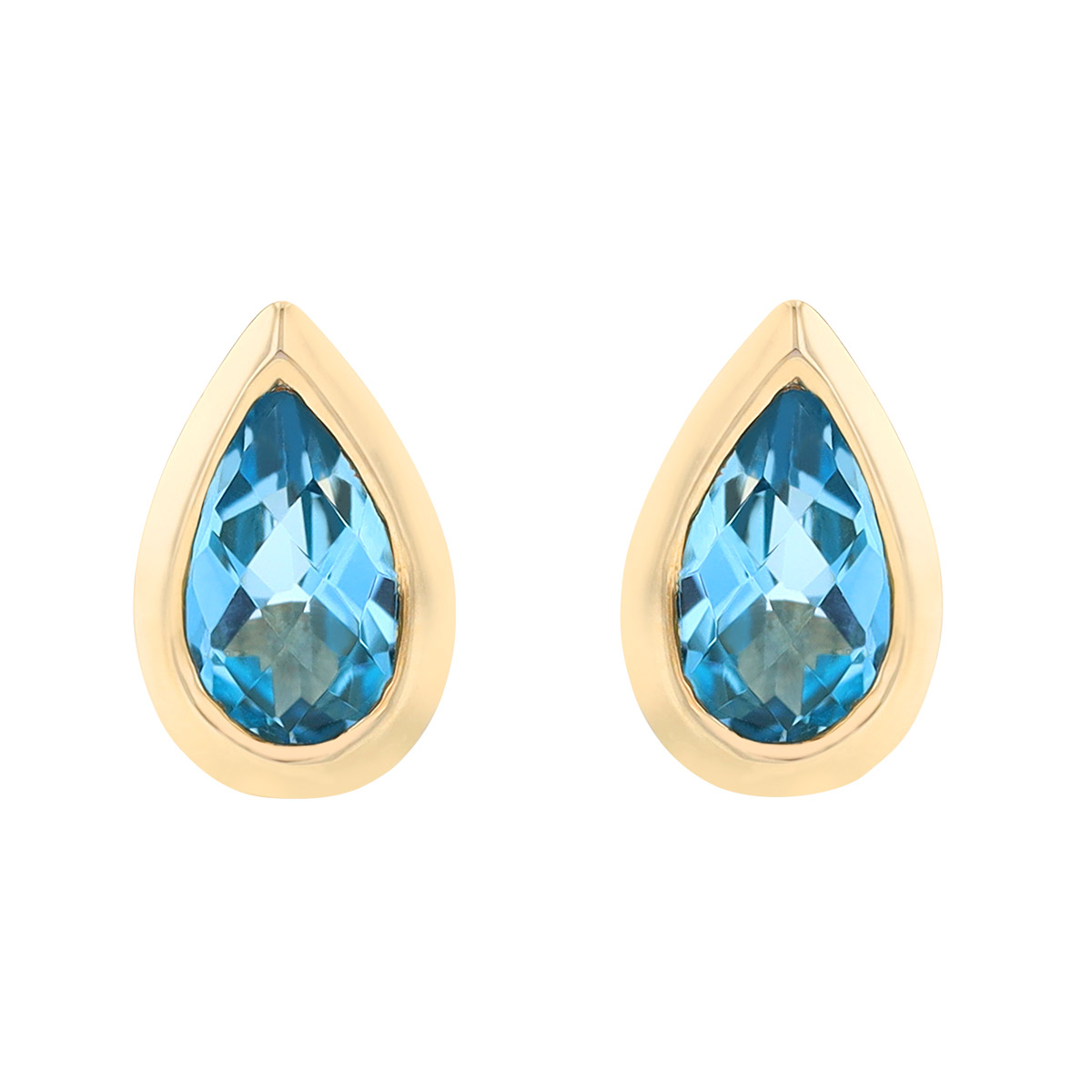 Blue Topaz Pear Shaped Bezel Set Stud Earrings in Yellow Gold