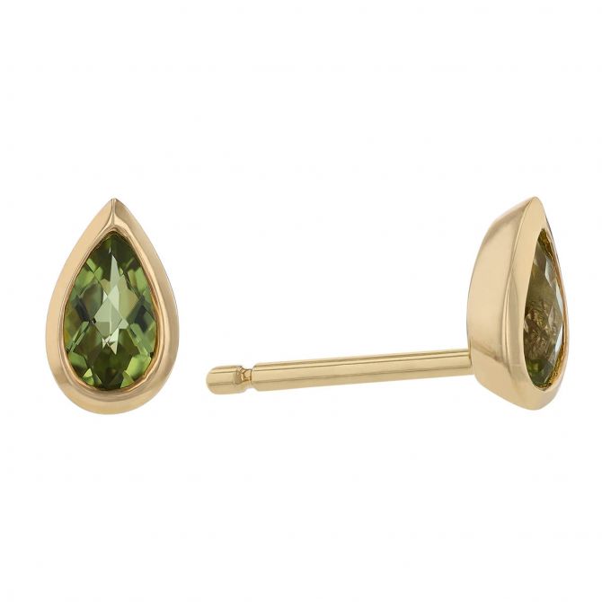 Pear Shaped Peridot Bezel Set Stud Earrings in Yellow Gold