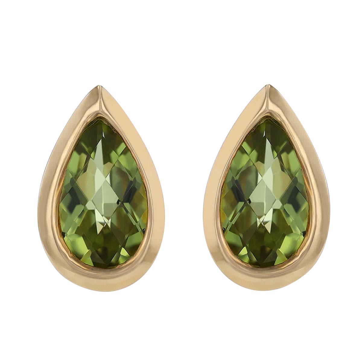 Pear Shaped Peridot Bezel Set Stud Earrings in Yellow Gold