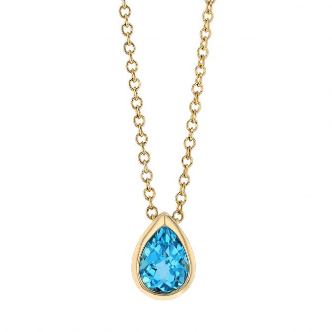 Blue Topaz Pear Shaped Bezel Set Pendant in Yellow Gold, 18"