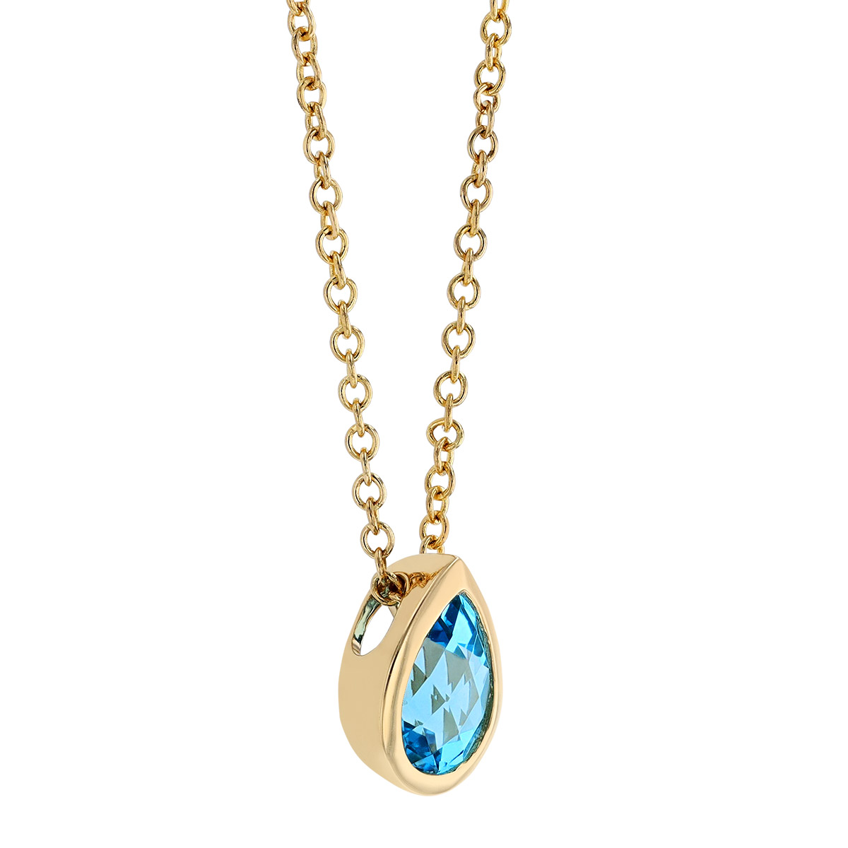 Blue Topaz Pear Shaped Bezel Set Pendant in Yellow Gold, 18