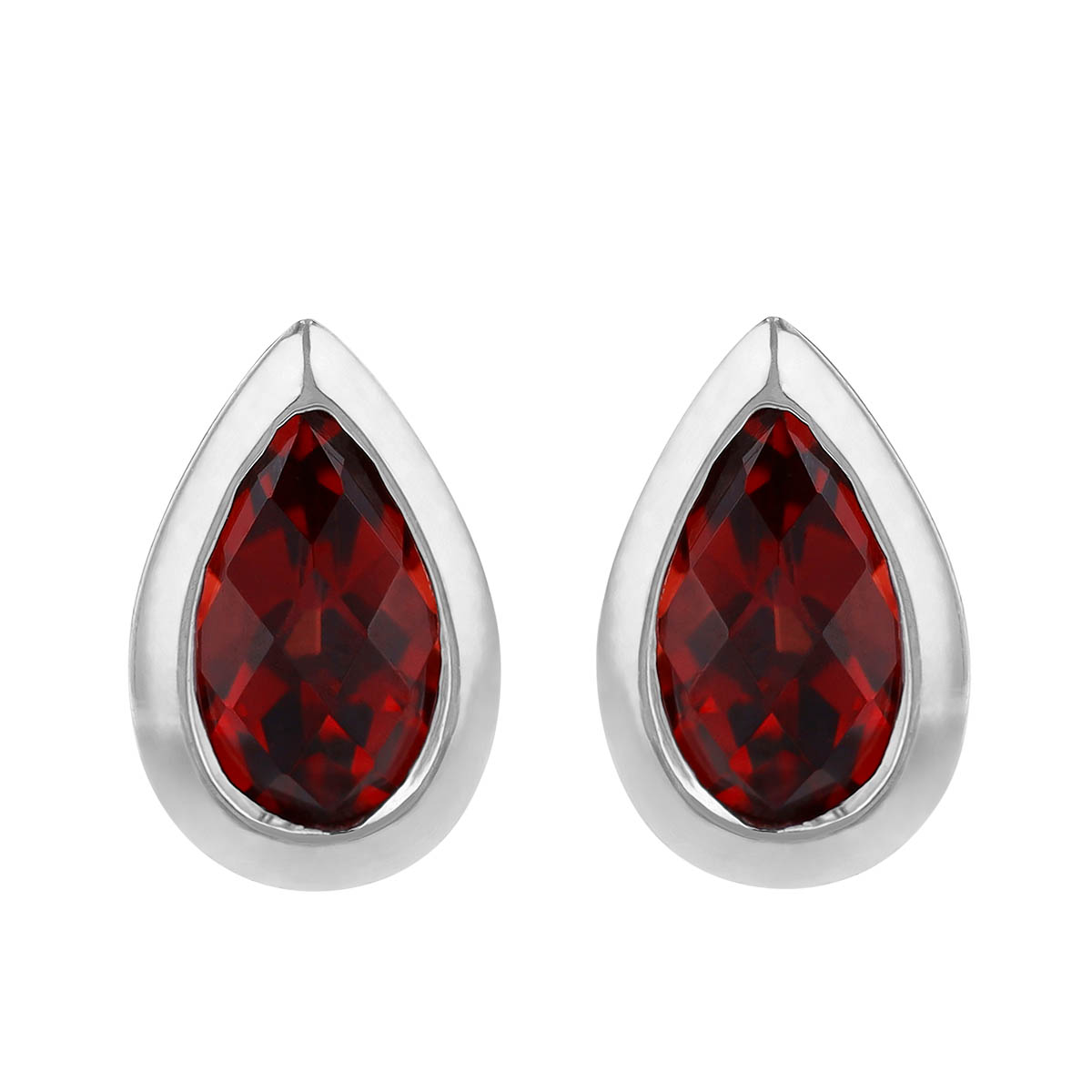 Garnet Pear Shaped Bezel Set Stud Earrings in White Gold