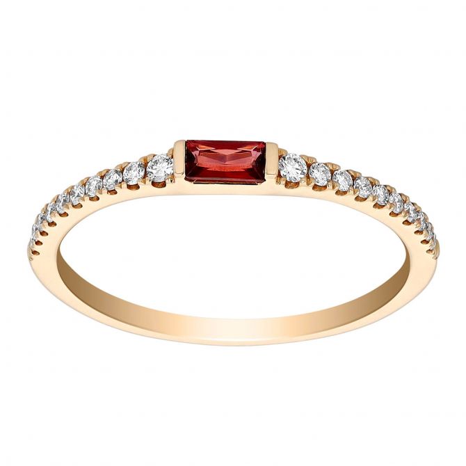 Garnet Baguette & Diamond Shank Stacking Ring in Yellow Gold