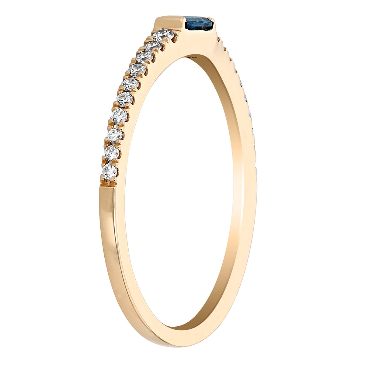 London Blue Topaz Baguette & Diamond Shank Stacking Ring in Yellow Gold