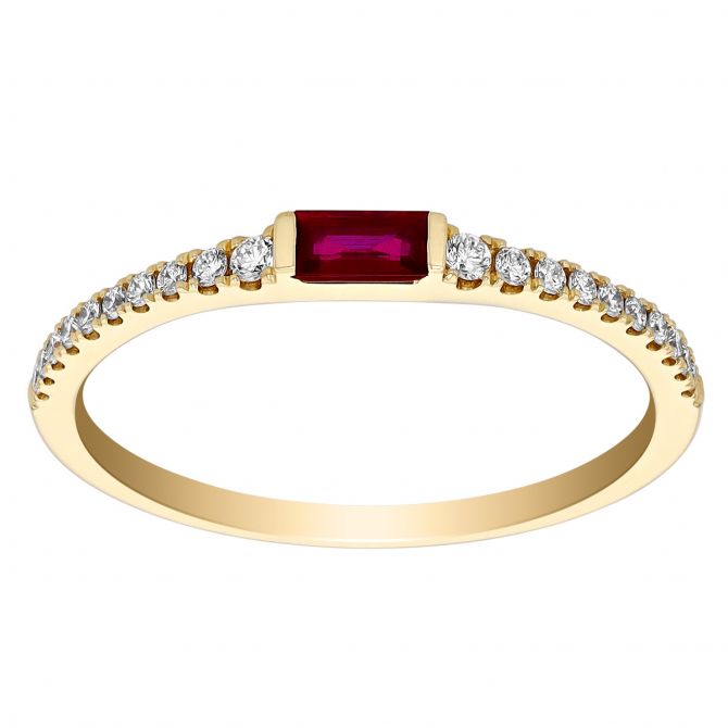 Ruby Baguette & Diamond Shank Stacking Ring in Yellow Gold