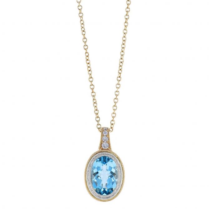 Oval Aquamarine Two Tone Milgrain Pendant, 18"