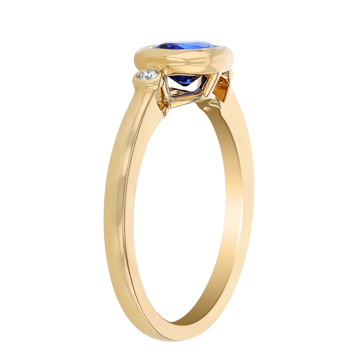 Oval Tanzanite & Diamond Bezel Set 3 Stone Ring in Yellow Gold