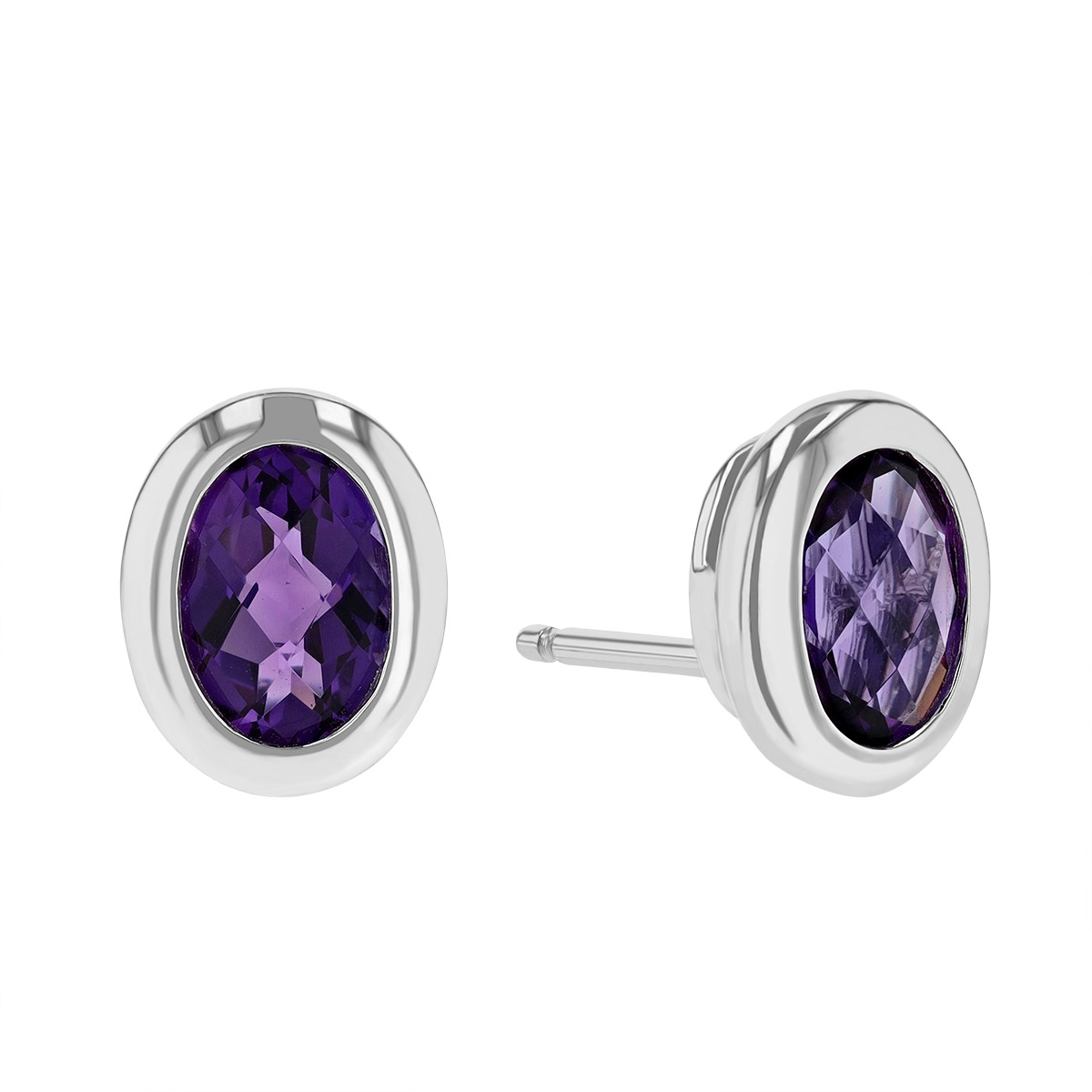Oval Checkerboard Amethyst Bezel Set Stud Earrings in White Gold