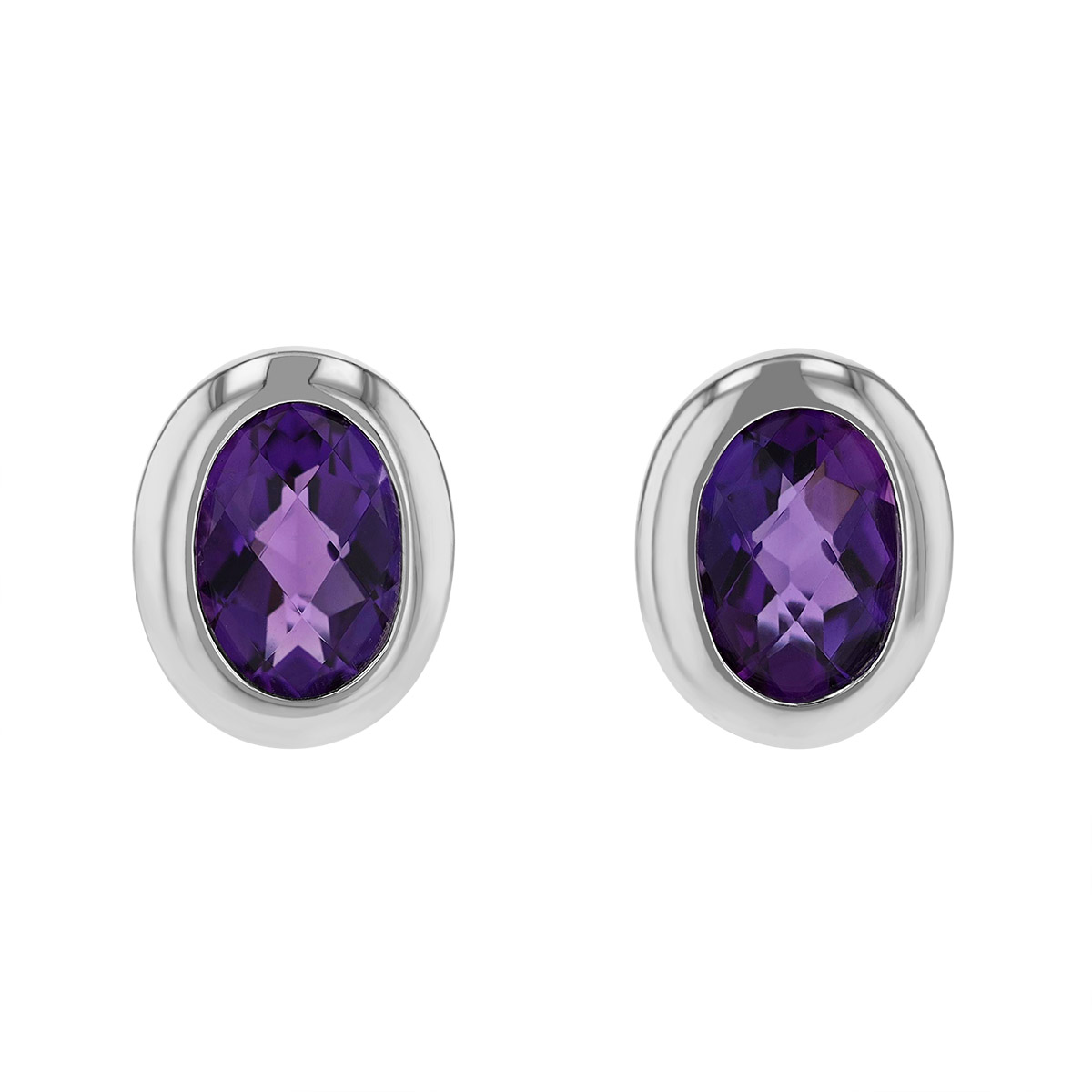 Oval Checkerboard Amethyst Bezel Set Stud Earrings in White Gold