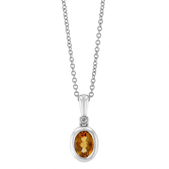 Oval Citrine Bezel Set Pendant with Diamond in White Gold, 18