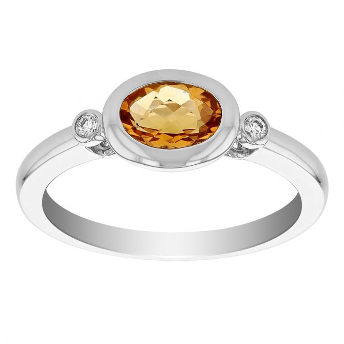 Oval Citrine & Diamond Bezel Set 3 Stone Ring in White Gold