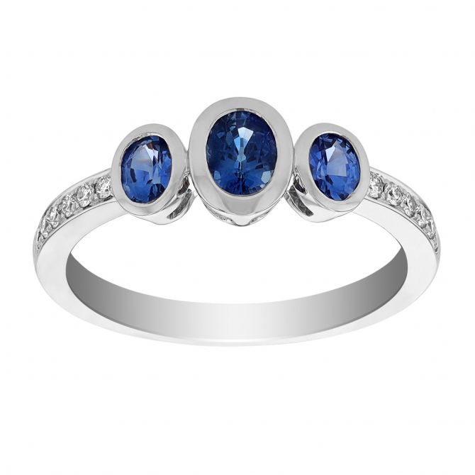 Oval Sapphire 3 Stone Ring with Diamond Shank in White Gold