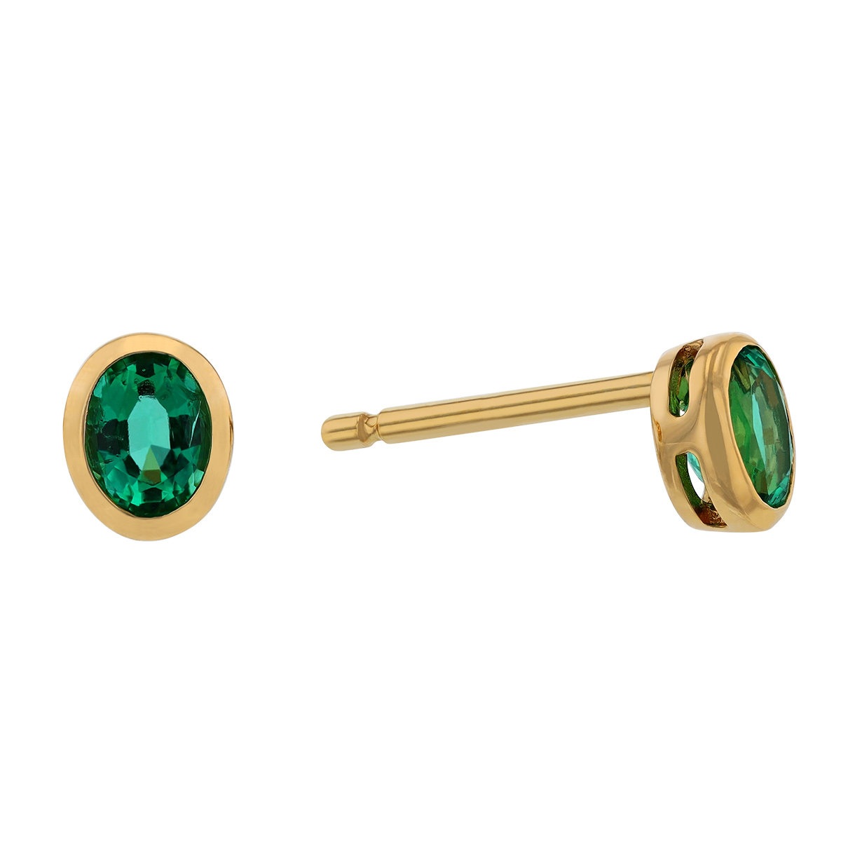Oval Emerald Bezel Set Stud Earrings in Yellow Gold