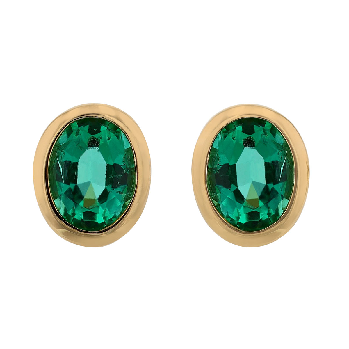 Oval Emerald Bezel Set Stud Earrings in Yellow Gold