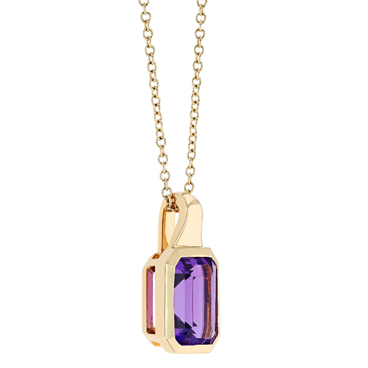 Emerald Cut Amethyst Bezel Set Pendant in Yellow Gold, 18