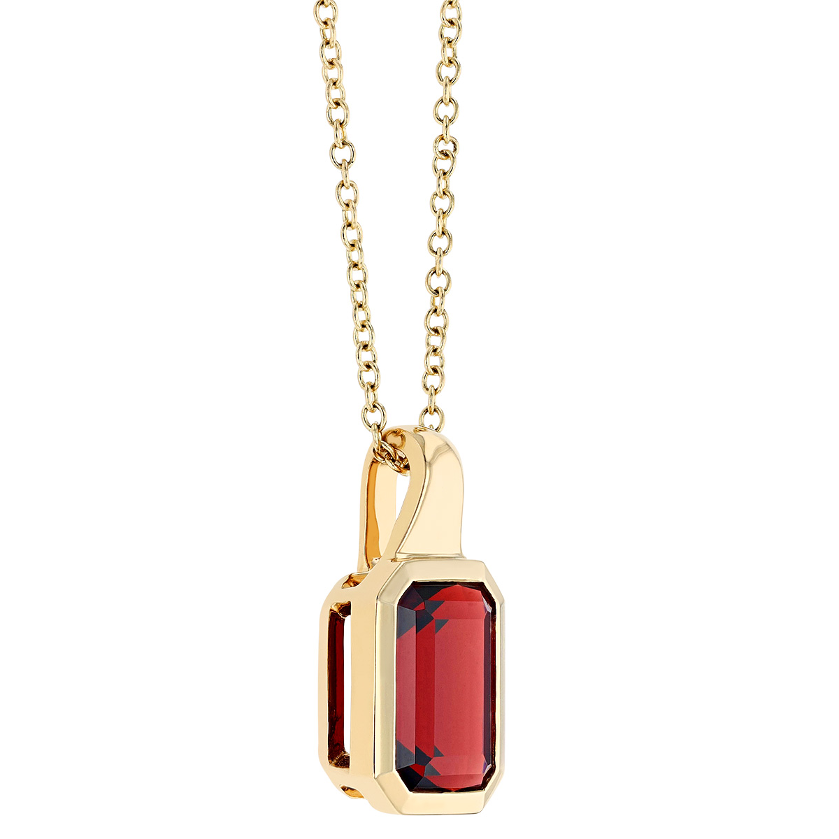 Emerald Cut Garnet Bezel Set Pendant in Yellow Gold, 18