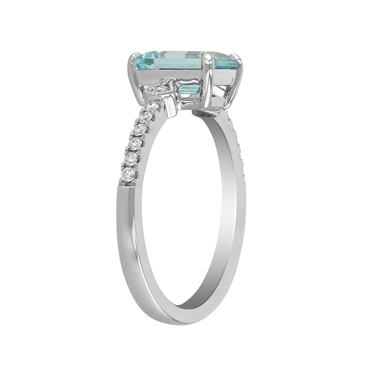 Emerald Cut Aquamarine Ring with Diamond Shank in White Gold