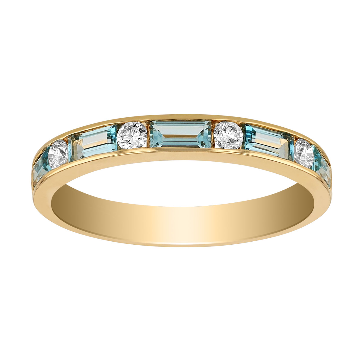 Baguette Blue Topaz & Diamond Alternating Channel Set Ring in Yellow Gold
