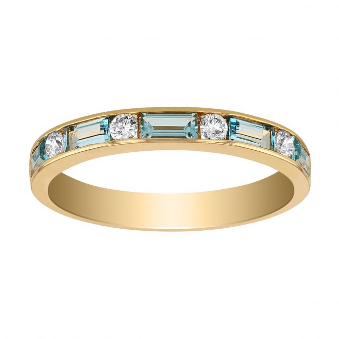Baguette Blue Topaz & Diamond Alternating Channel Set Ring in Yellow Gold