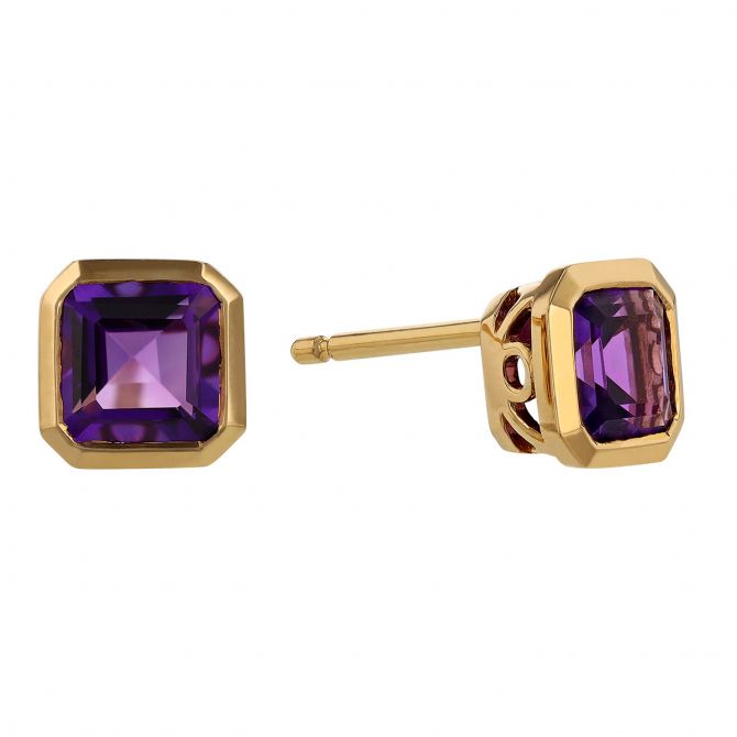 Asscher Cut Amethyst Bezel Set Stud Earrings in Yellow Gold