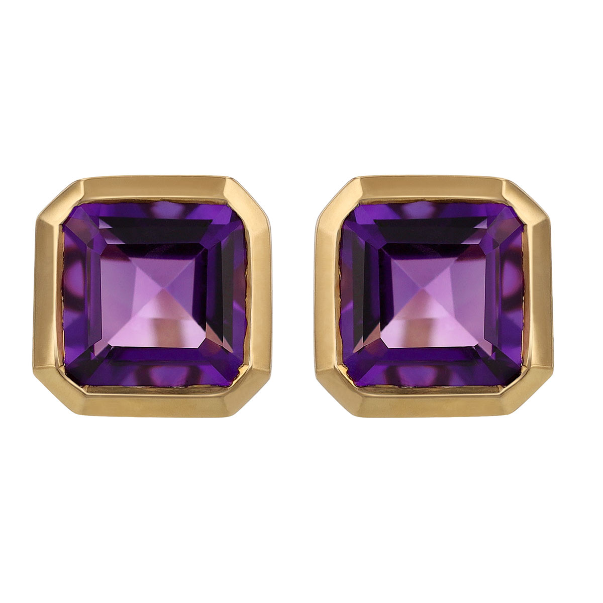 Asscher Cut Amethyst Bezel Set Stud Earrings in Yellow Gold