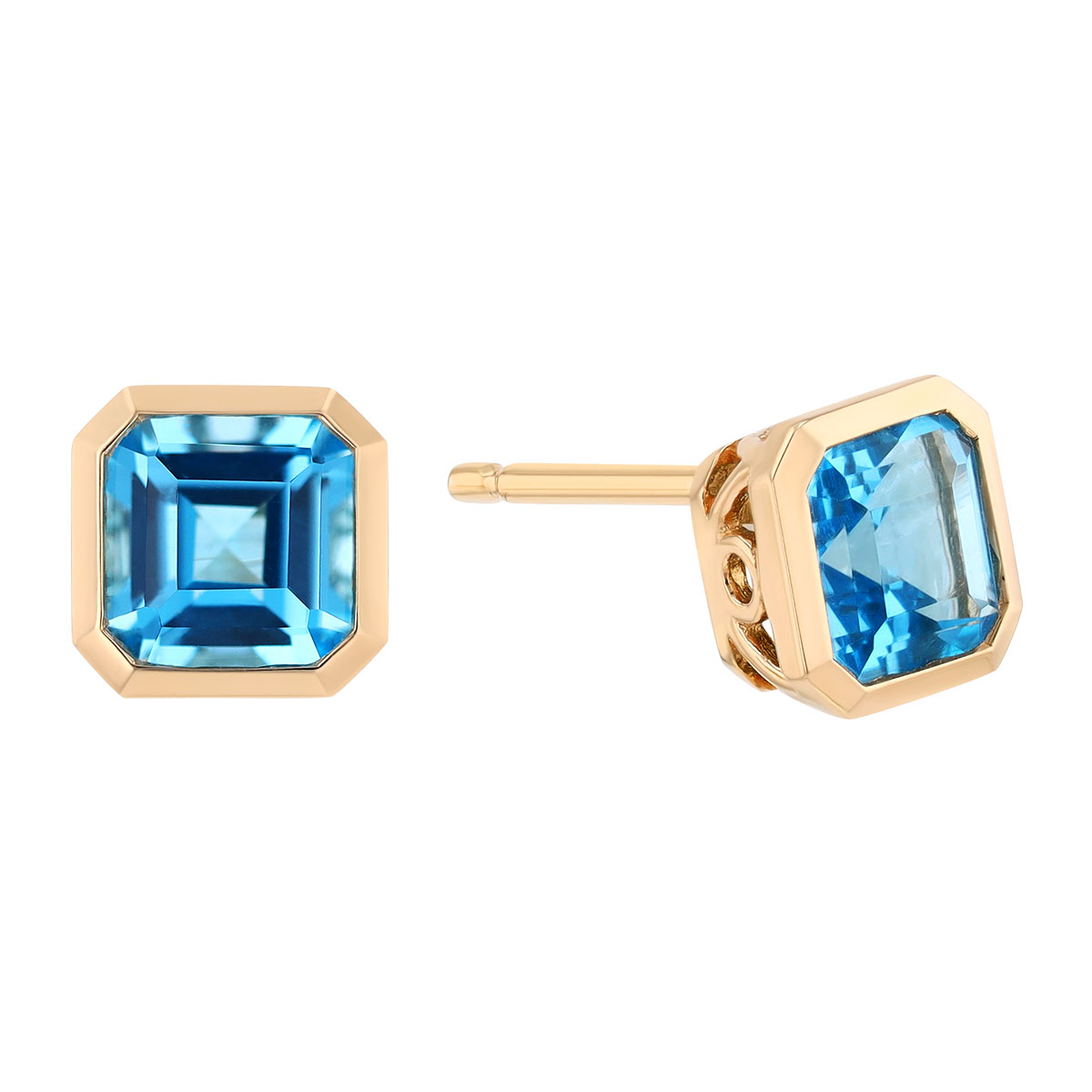 Bezel Set Asscher Cut Topaz Stud Earrings in Yellow Gold