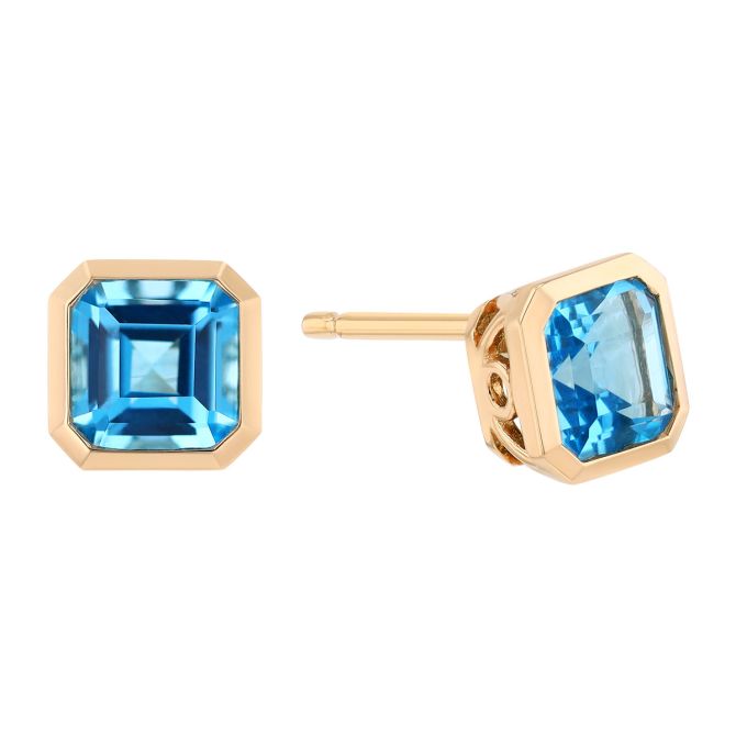 Bezel Set Asscher Cut Topaz Stud Earrings in Yellow Gold
