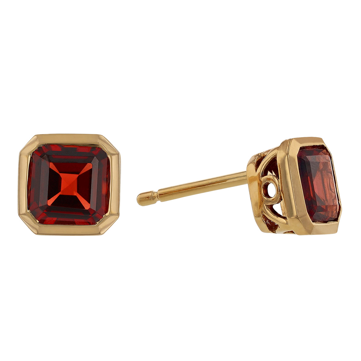 Asscher Cut Garnet Bezel Set Stud Earrings in Yellow Gold