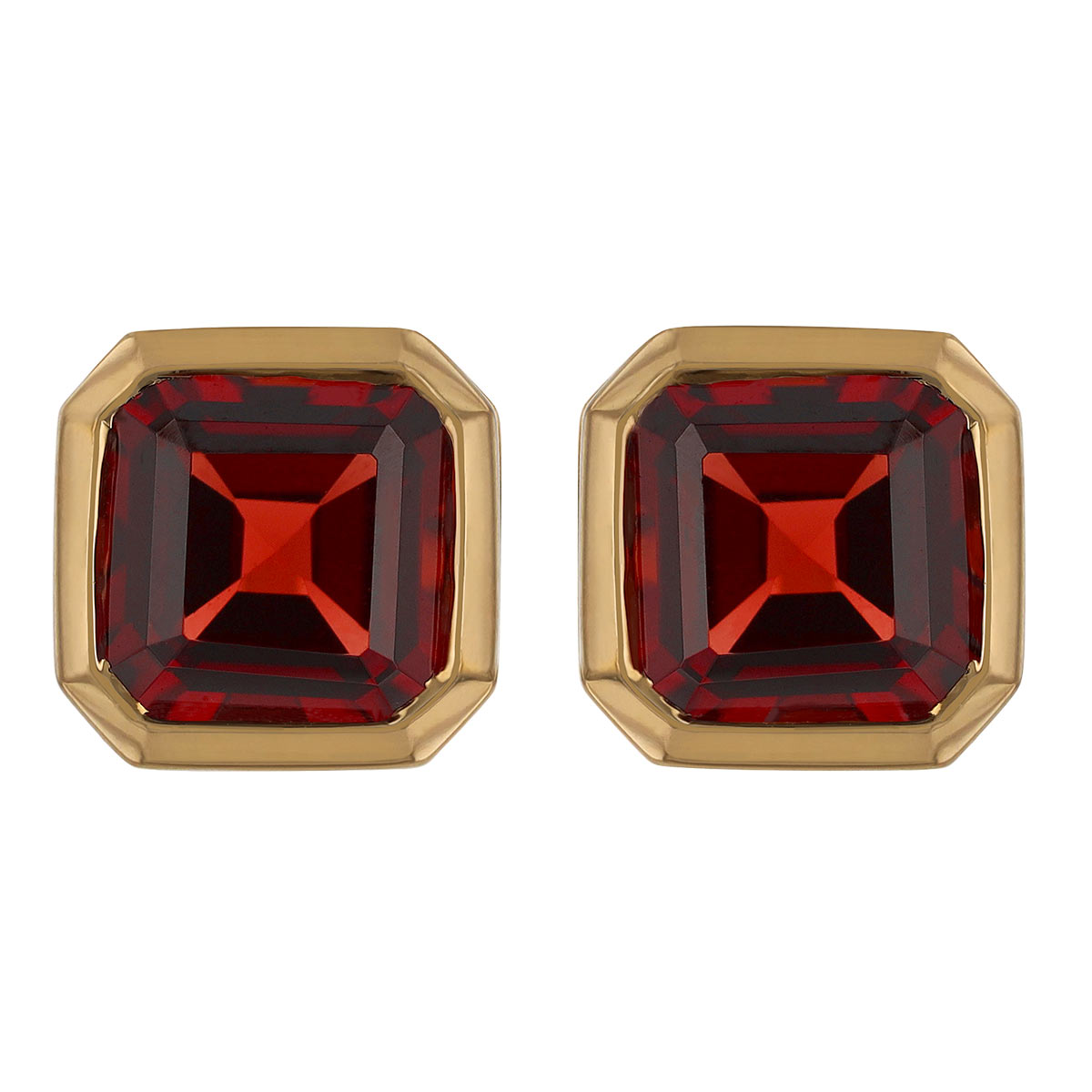 Asscher Cut Garnet Bezel Set Stud Earrings in Yellow Gold