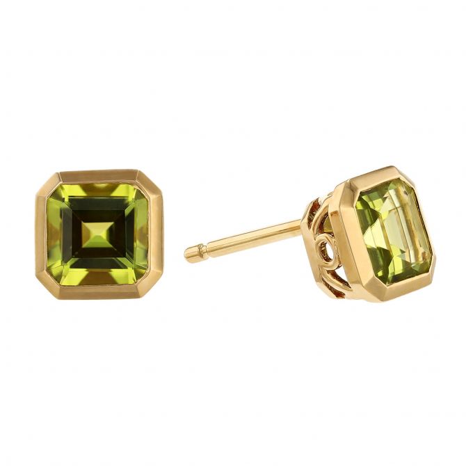 Asscher Cut Peridot Bezel Set Stud Earrings in Yellow Gold