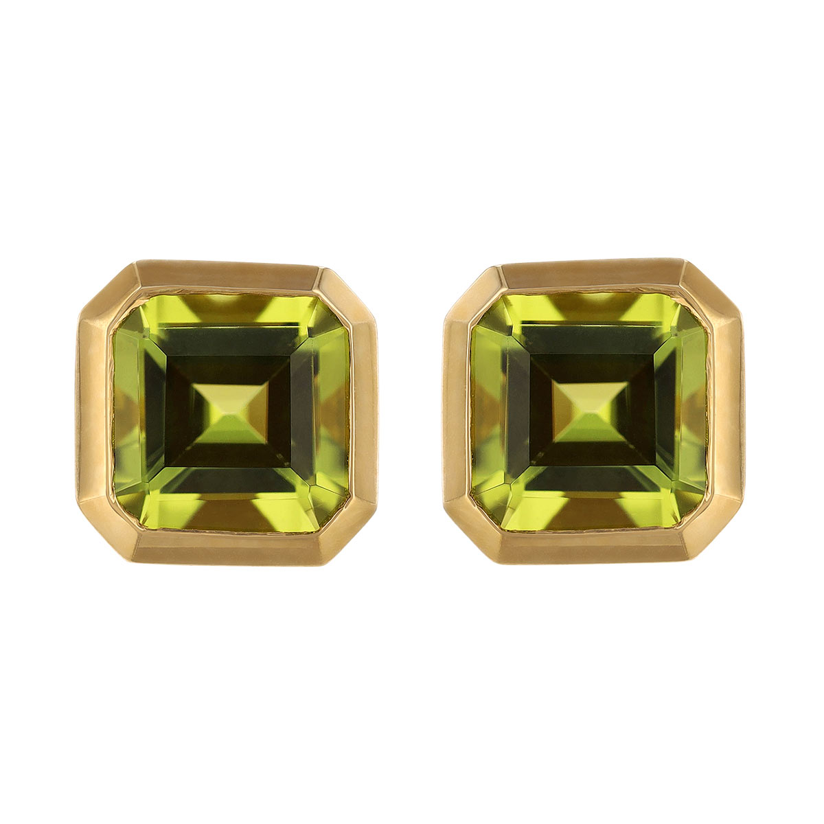 Asscher Cut Peridot Bezel Set Stud Earrings in Yellow Gold
