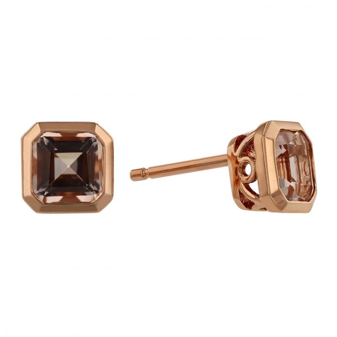 Asscher Cut Morganite Bezel Set Stud Earrings in Yellow Gold